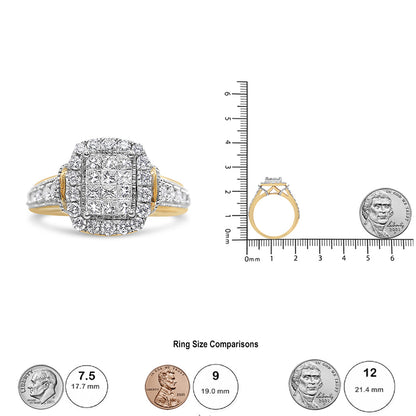 14K Yellow and White Gold 1.00 Cttw Princess and Round Cut Emerald Shaped Halo Diamond Cluster Ring (SI1-SI2 Clarity, H-I Color)-4