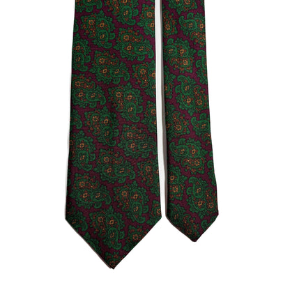 Hand-Printed Wine Red & Green Paisley Ancient Madder Silk Tie-2