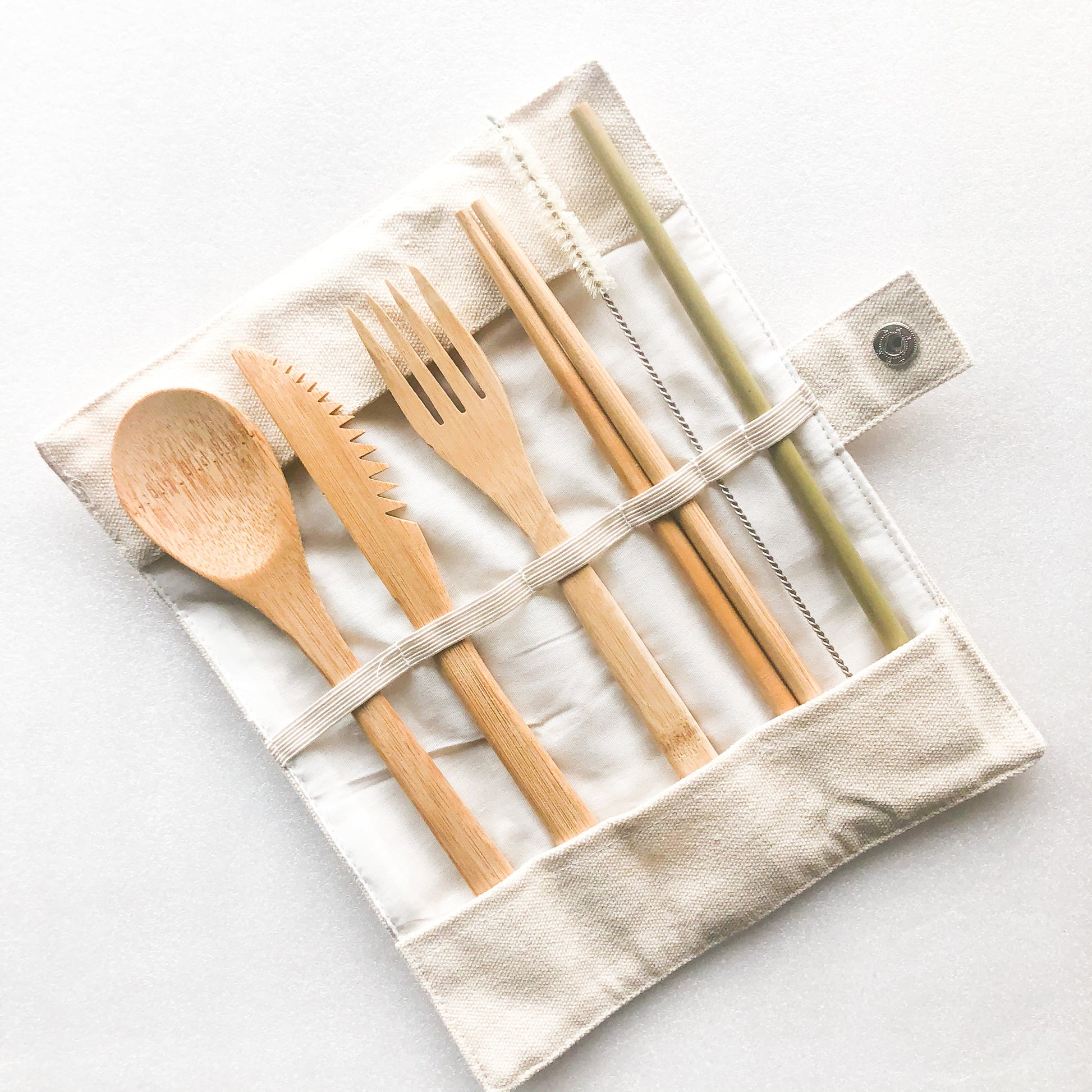 Bamboo Cutlery Set | Zero Waste Reusable | Washable Organic Cotton Travel Pouch & Hemp Cleaning Brush-1