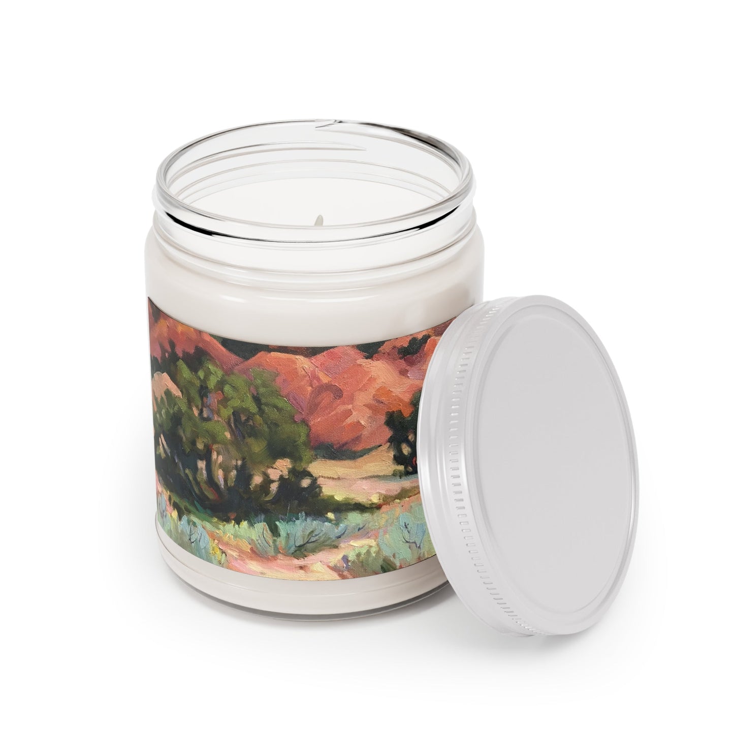 9oz Eco-Friendly Scented or Unscented Soy Wax Candle Jar  with 'Mesa at Ghost Ranch' Southwestern Artwork by American Artist Barbara Cleary-2