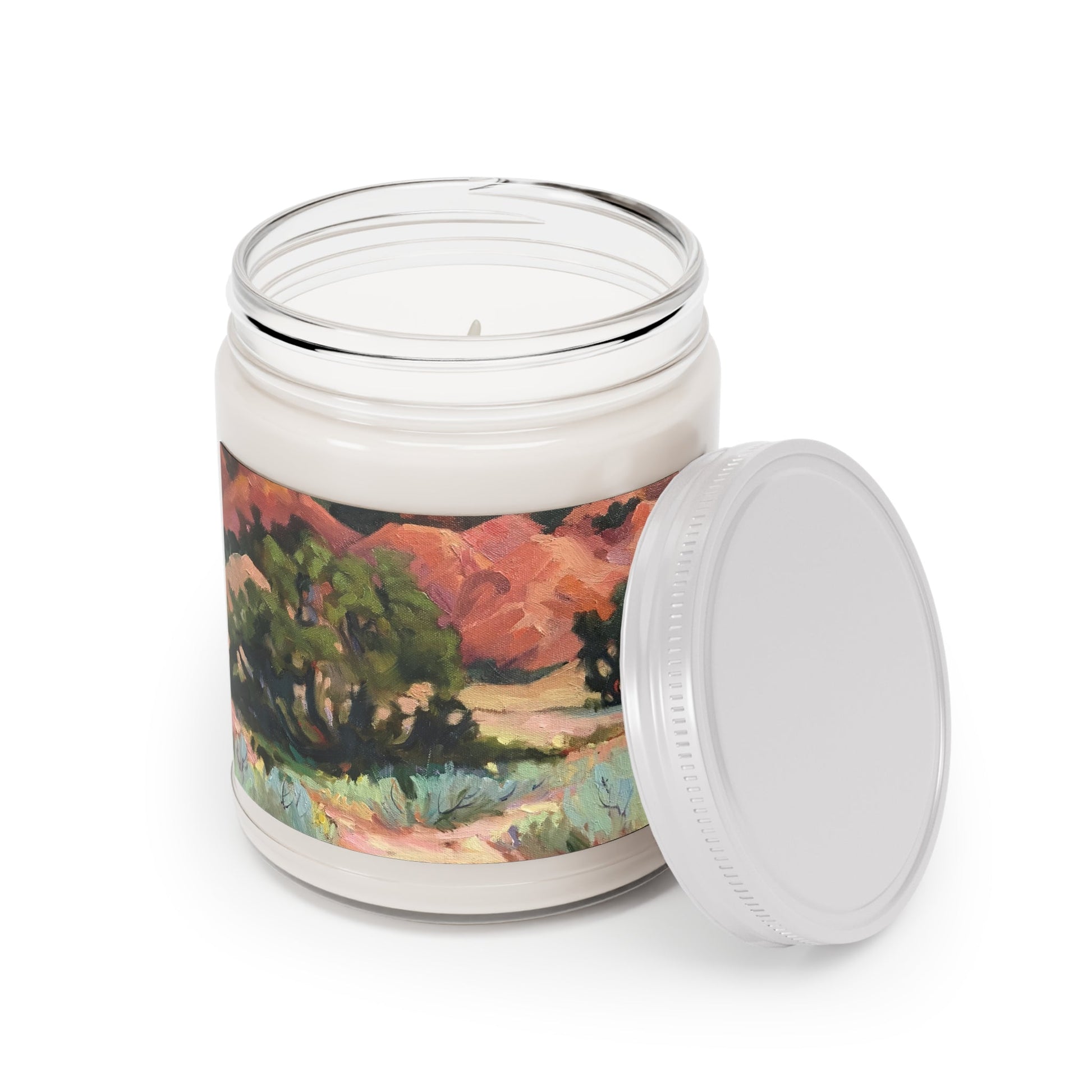 9oz Eco-Friendly Scented or Unscented Soy Wax Candle Jar  with 'Mesa at Ghost Ranch' Southwestern Artwork by American Artist Barbara Cleary-2