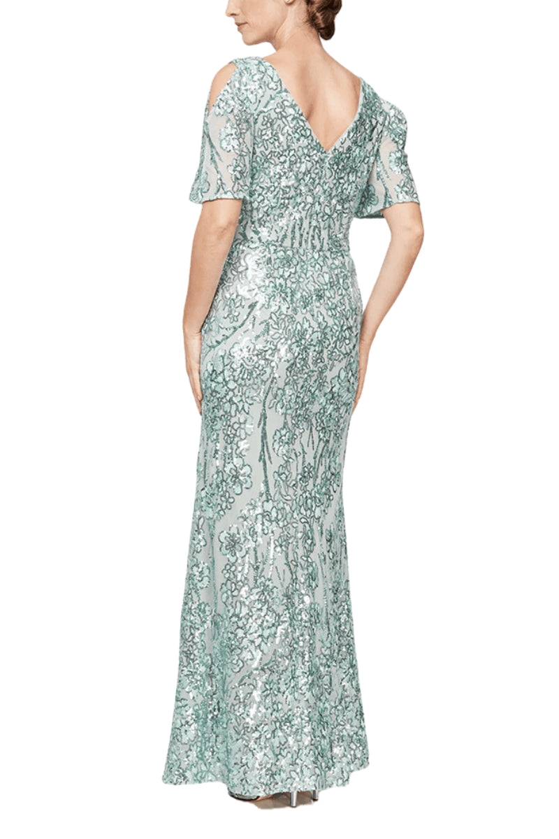 Alex Evenings V-Neck Cold Shoulder Short Flutter Sleeves V-Back Zipper Closure Shimmering Sequin Floor Length Silhouette Gown Dress-1