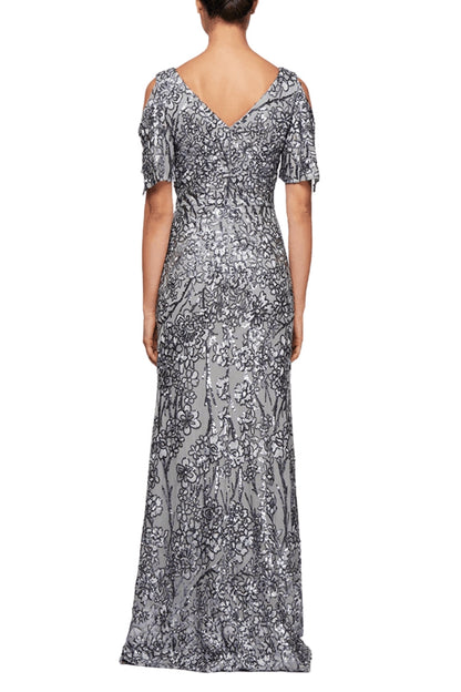 Alex Evenings V-Neck Cold Shoulder Short Flutter Sleeves V-Back Zipper Closure Shimmering Sequin Floor Length Silhouette Gown Dress-3