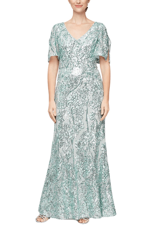Alex Evenings V-Neck Cold Shoulder Short Flutter Sleeves V-Back Zipper Closure Shimmering Sequin Floor Length Silhouette Gown Dress-0