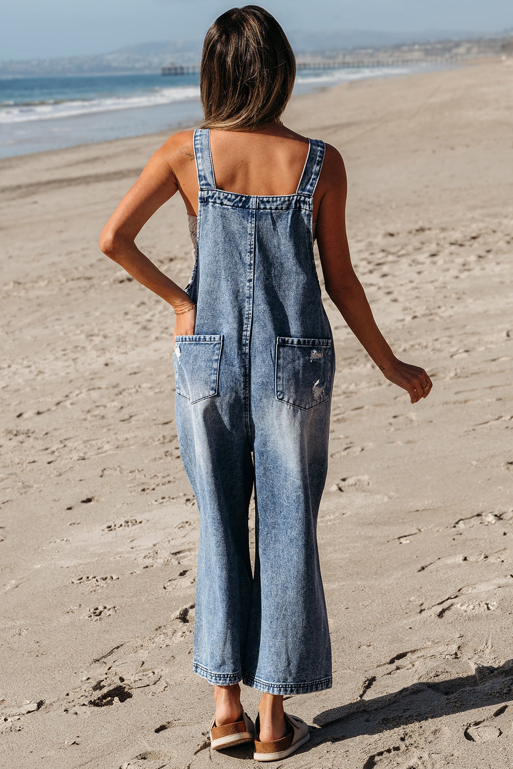 Baylor Distressed Bib Pocket Wide Leg Denim Overall-2