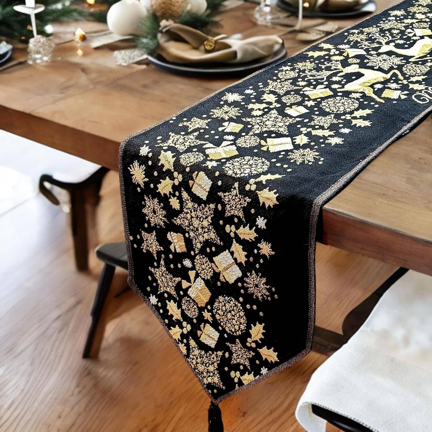 DaDa Bedding Magical Golden Reindeer Woven Tapestry Dining Table Runner (18272)-1