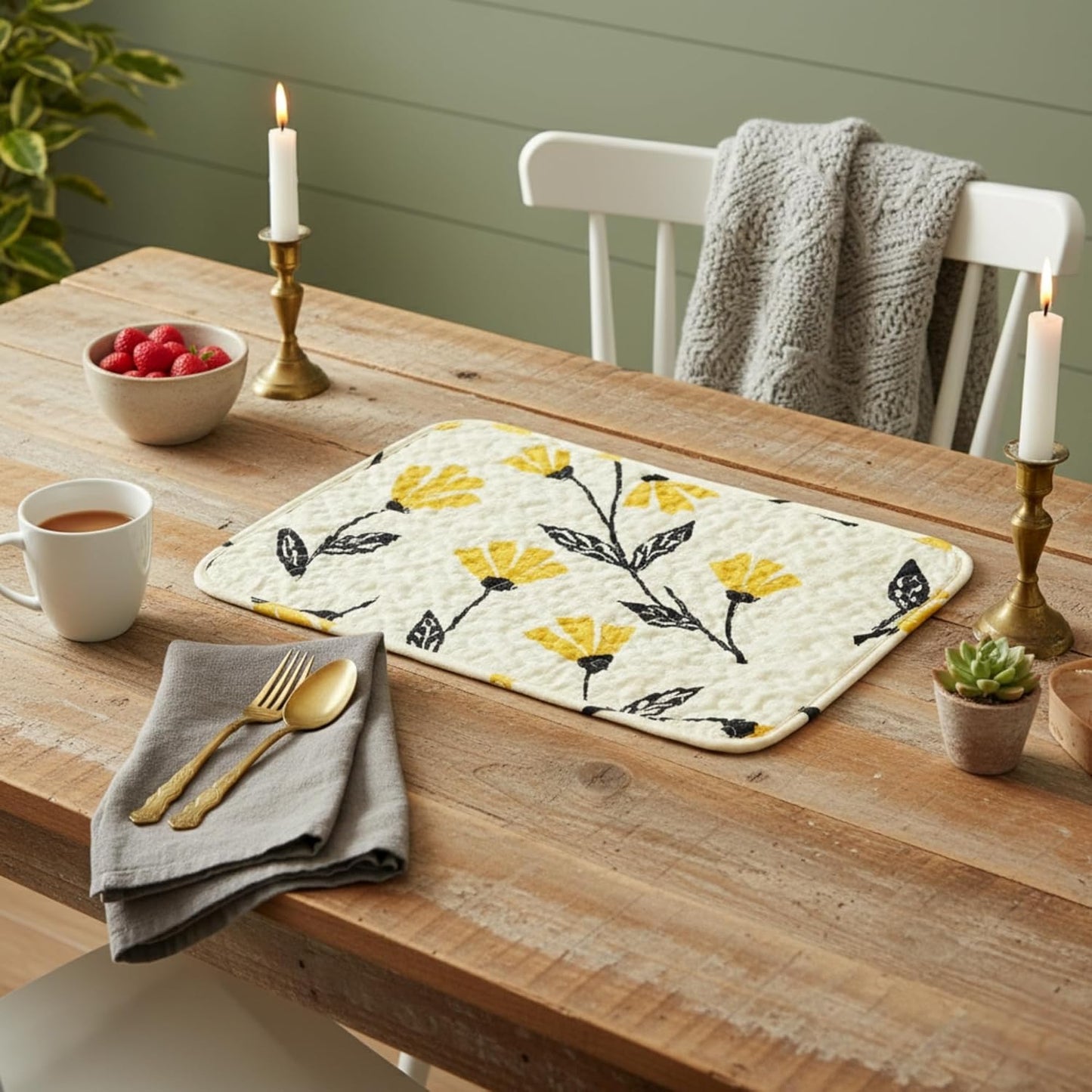 DaDa Bedding Botanical Floral Dining Table Placemats - Set of 4-Pieces Quilted Ivory with Yellow Fleur Golden Orange Spring Time Tulips - 13 x 19-2