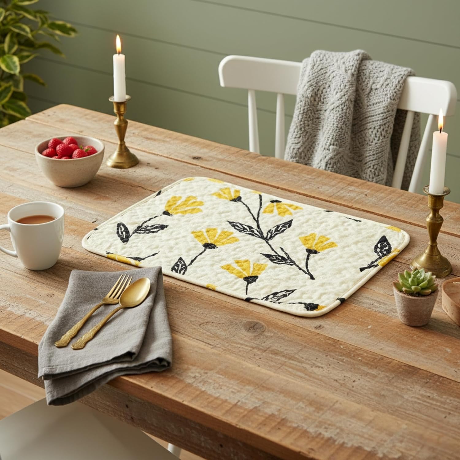 DaDa Bedding Botanical Floral Dining Table Placemats - Set of 4-Pieces Quilted Ivory with Yellow Fleur Golden Orange Spring Time Tulips - 13 x 19-2