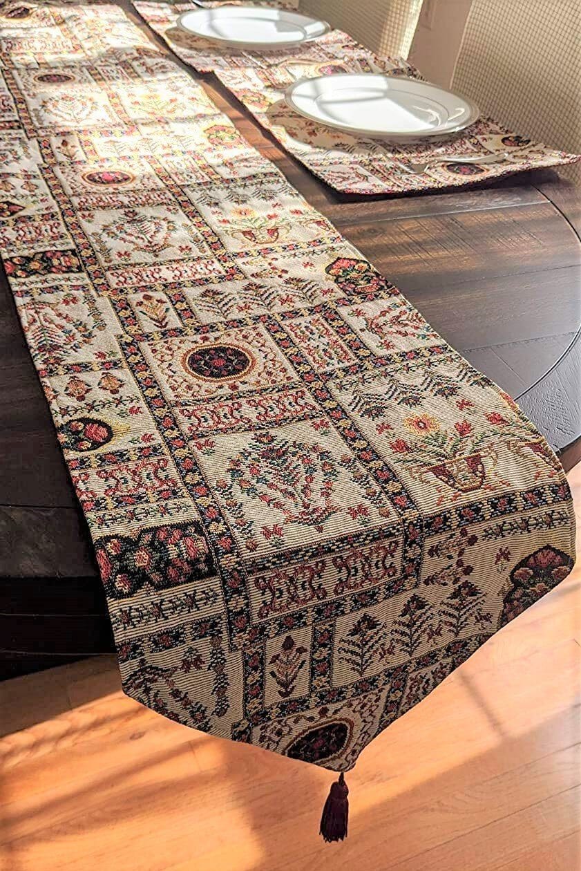 DaDa Bedding Set of 8 Pieces Light Botanical Mughal Floral Table Woven Tapestry - 4 Placemats, 2 Table Runners, 2 Throw Pillow Covers (18196)-4