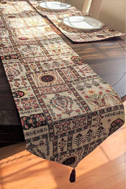 DaDa Bedding Set of 8 Pieces Light Botanical Mughal Floral Table Woven Tapestry - 4 Placemats, 2 Table Runners, 2 Throw Pillow Covers (18196)-4