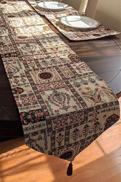 DaDalogy Bedding Cottage Mughal Floral Woven Tapestry Table Runner, Light Fleur White Botanical Vintage (18196)-3