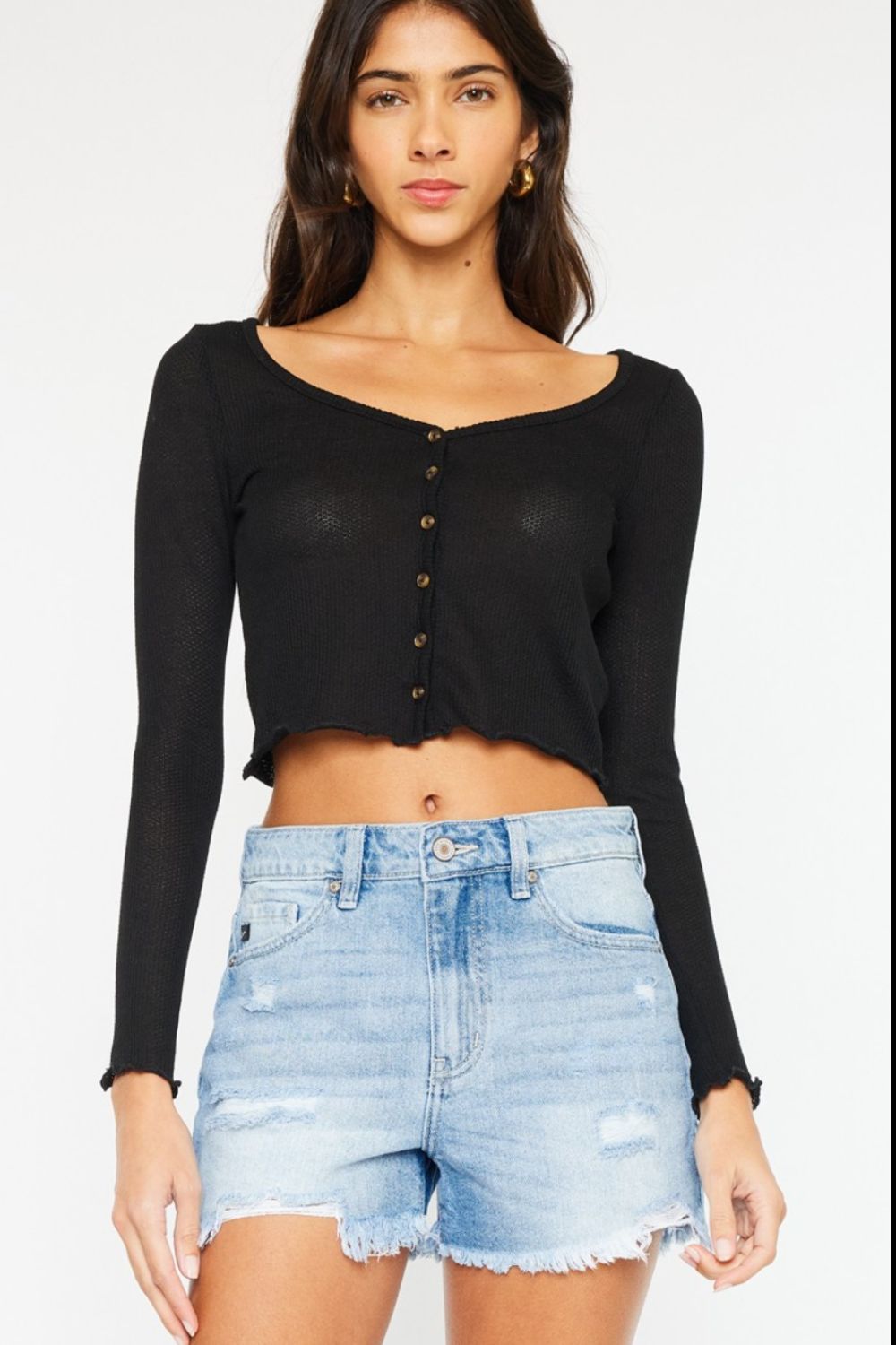 Kancan High Waist Frayed Denim Shorts-0