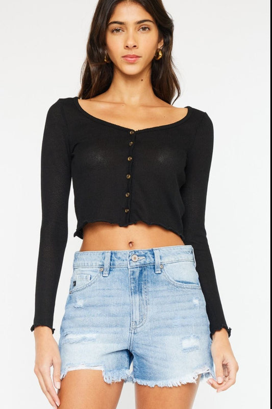 Kancan High Waist Frayed Denim Shorts-0