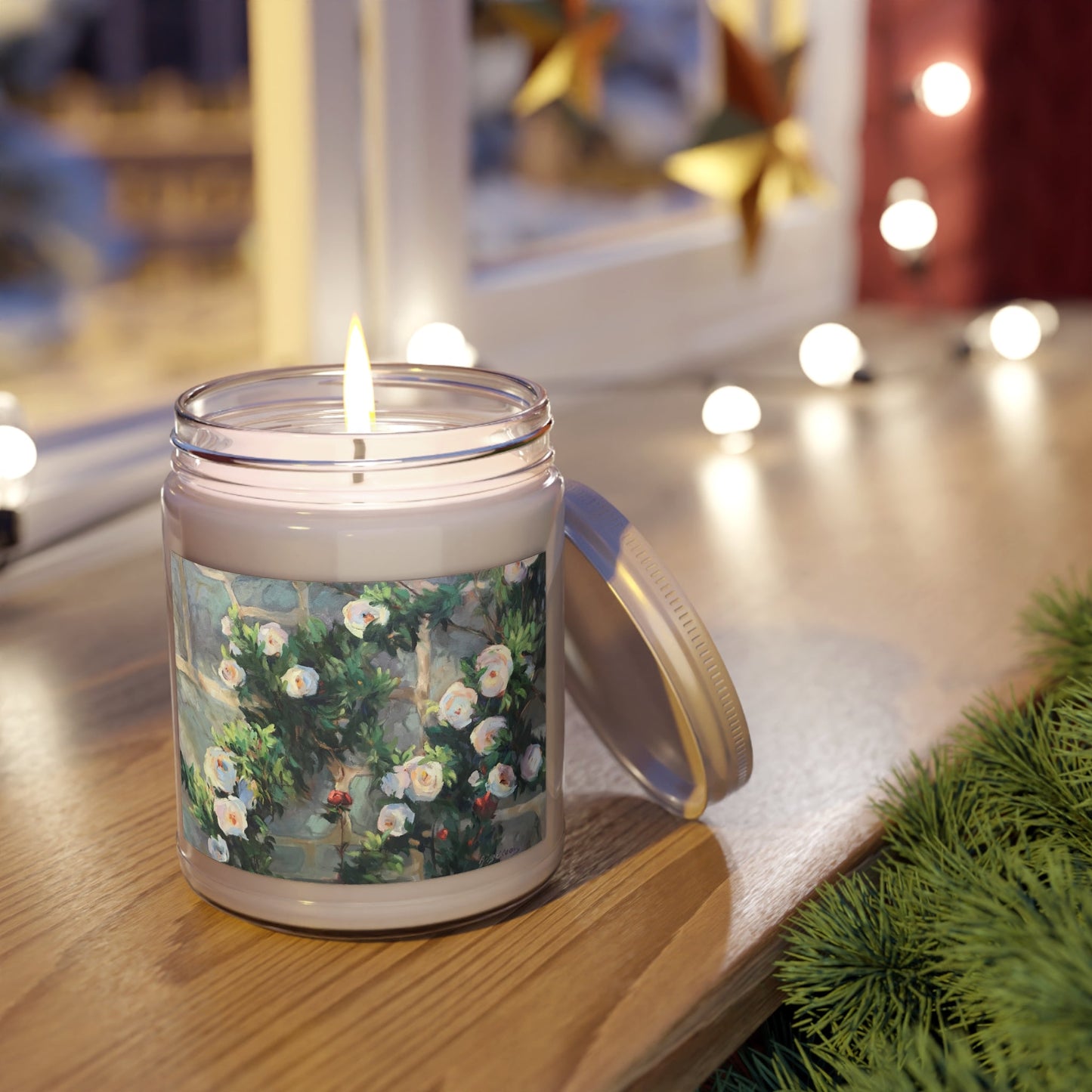 9 oz Soy Wax Candle Jar Featuring “White Roses” Floral Oil Painting by Barbara Cleary-6