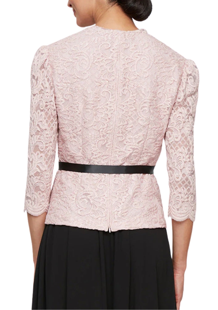 Alex Evenings Scalloped Neckline Three-Quarter Sleeves Lace Blouse with Satin Waist Tie-1