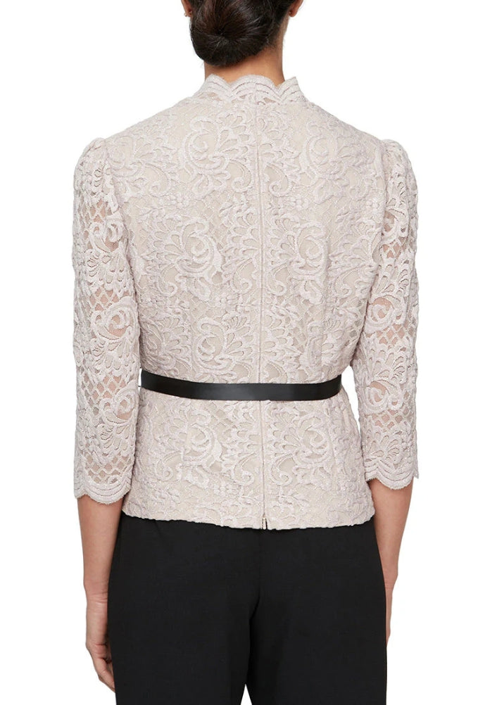 Alex Evenings Scalloped Neckline Three-Quarter Sleeves Lace Blouse with Satin Waist Tie-3