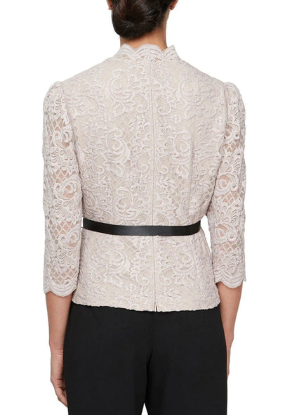 Alex Evenings Scalloped Neckline Three-Quarter Sleeves Lace Blouse with Satin Waist Tie-3