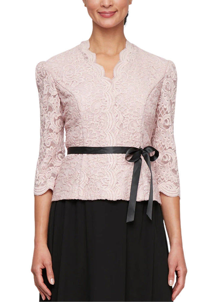 Alex Evenings Scalloped Neckline Three-Quarter Sleeves Lace Blouse with Satin Waist Tie-0