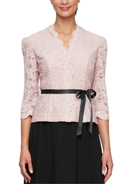 Alex Evenings Scalloped Neckline Three-Quarter Sleeves Lace Blouse with Satin Waist Tie-0