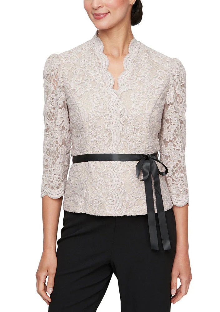 Alex Evenings Scalloped Neckline Three-Quarter Sleeves Lace Blouse with Satin Waist Tie-2
