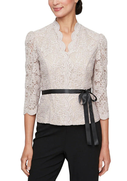 Alex Evenings Scalloped Neckline Three-Quarter Sleeves Lace Blouse with Satin Waist Tie-2