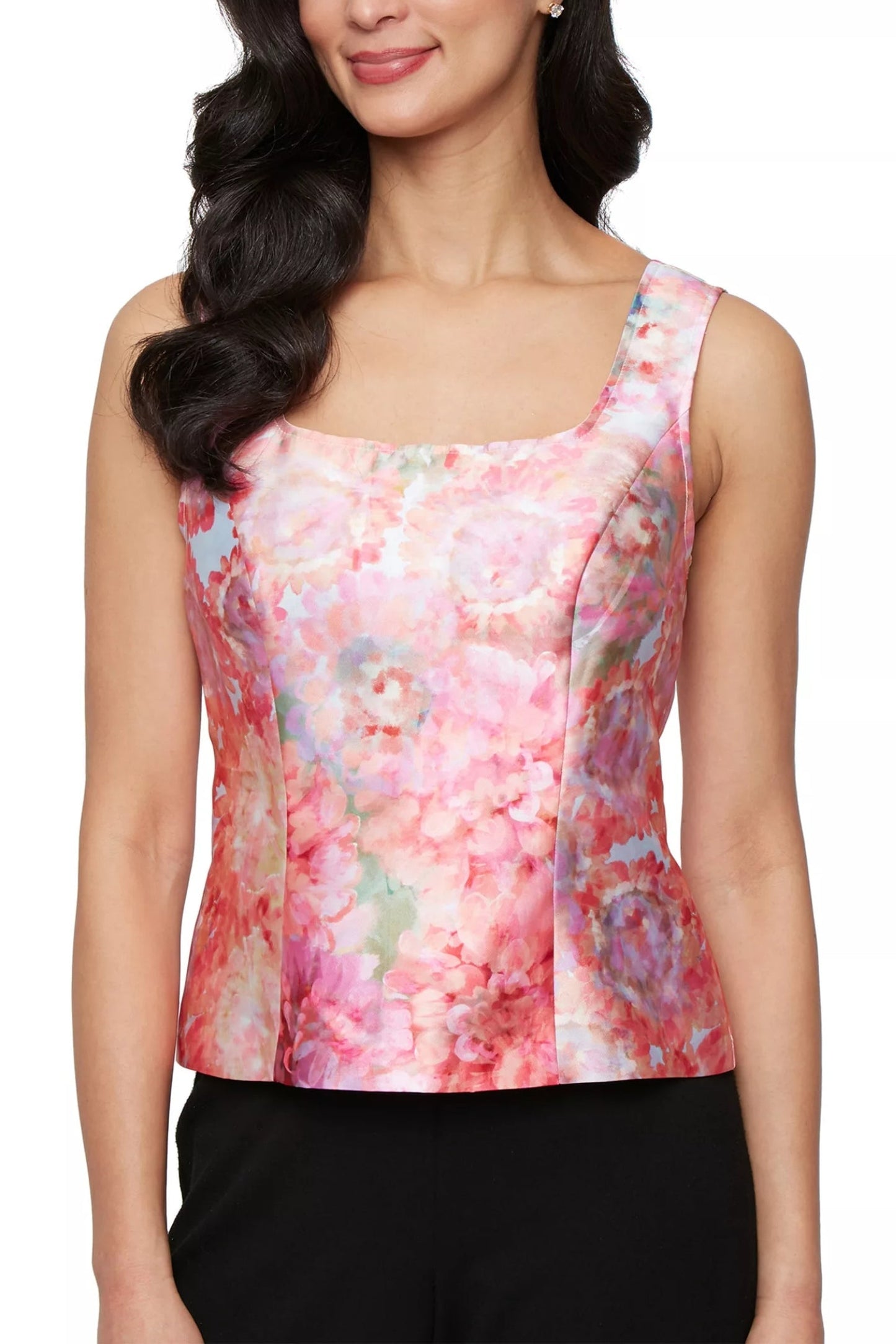 Alex Evenings Coral Floral Details Square Neckline Top with Quarter Sleeves Collared Jacket Mikado Twinset-2