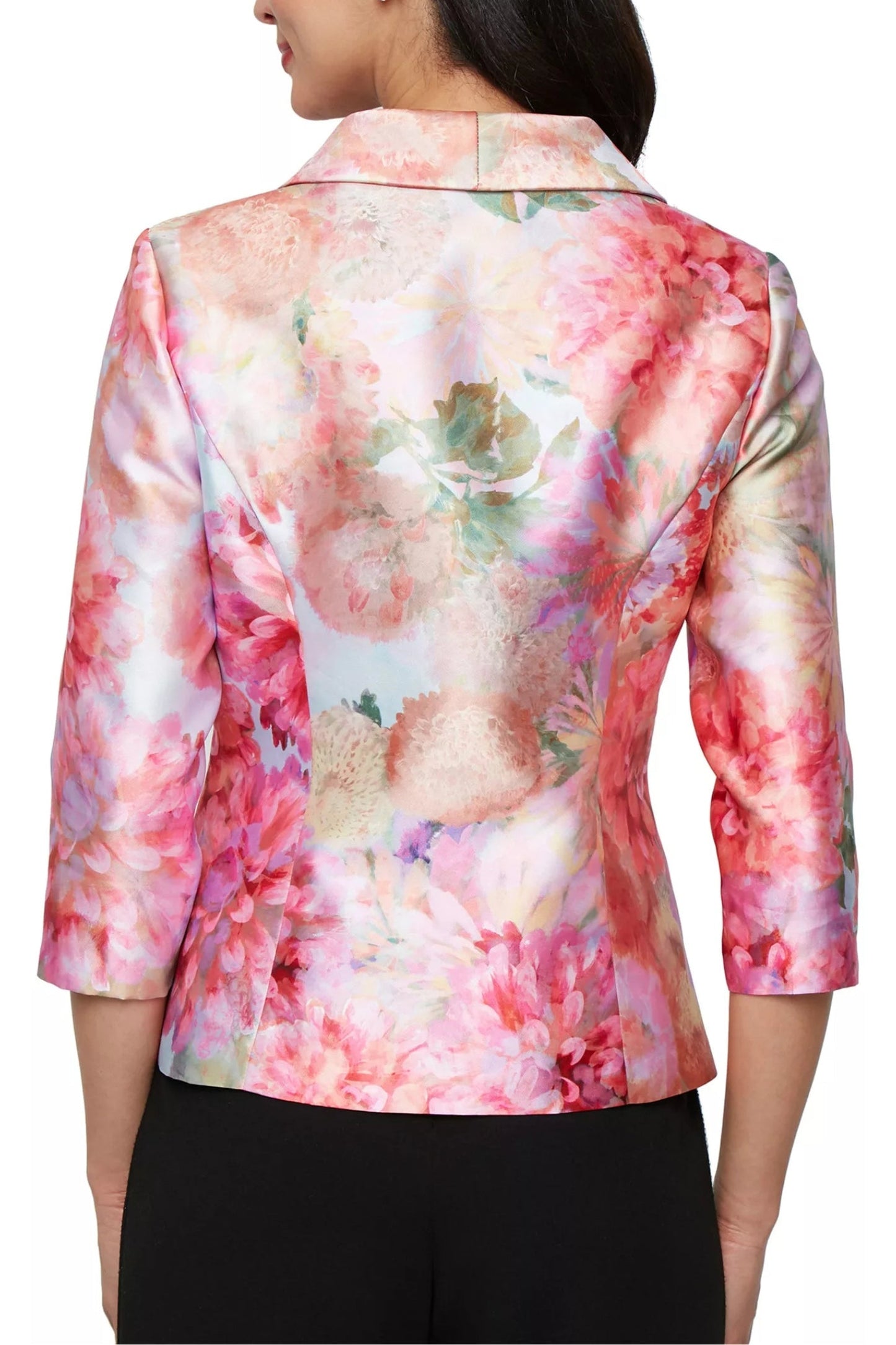 Alex Evenings Coral Floral Details Square Neckline Top with Quarter Sleeves Collared Jacket Mikado Twinset-1