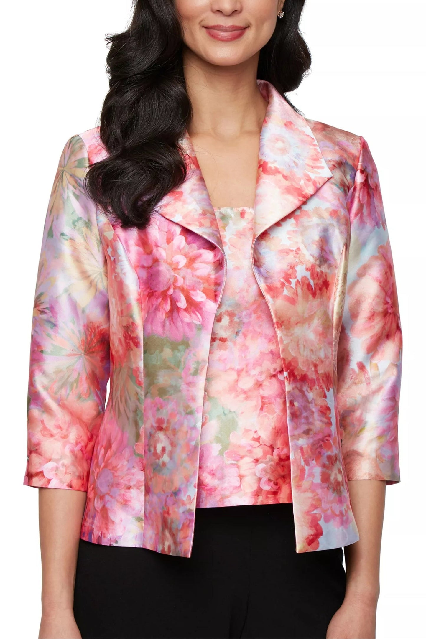 Alex Evenings Coral Floral Details Square Neckline Top with Quarter Sleeves Collared Jacket Mikado Twinset-0