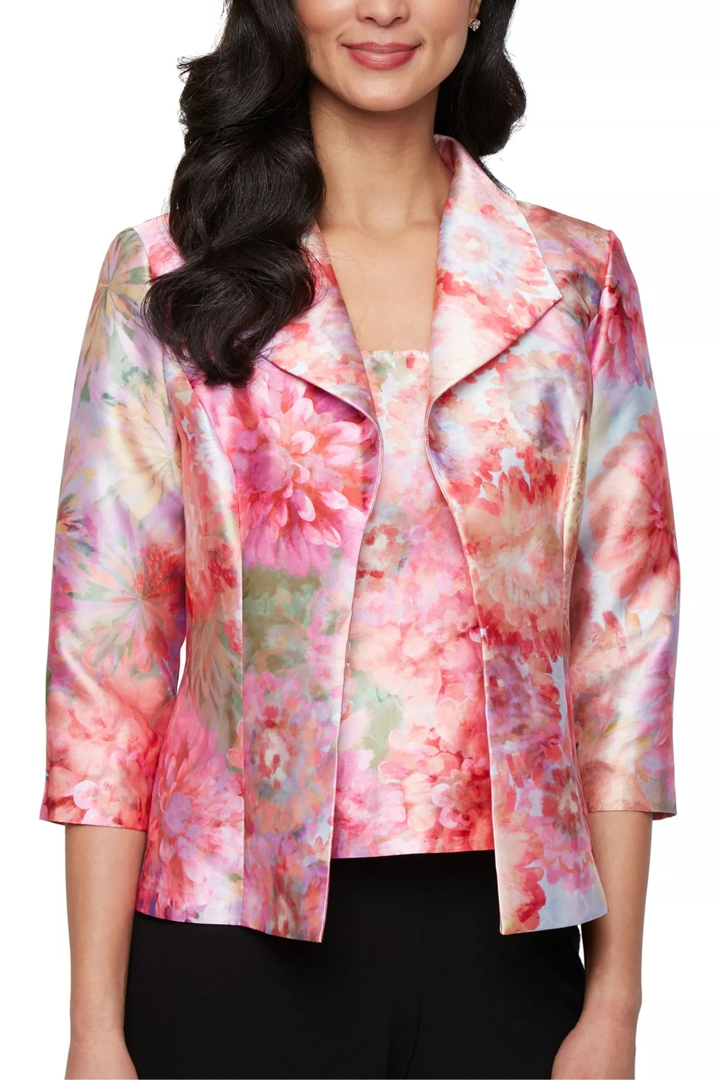 Alex Evenings Coral Floral Details Square Neckline Top with Quarter Sleeves Collared Jacket Mikado Twinset-0