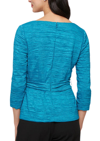 Alex Evenings Square Neckline Quarter Sleeves with Waist Ribbon Details Top Textured Aqua Dress-1