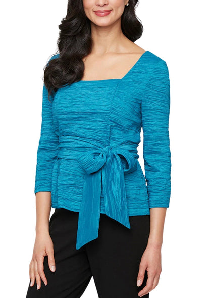 Alex Evenings Square Neckline Quarter Sleeves with Waist Ribbon Details Top Textured Aqua Dress-0