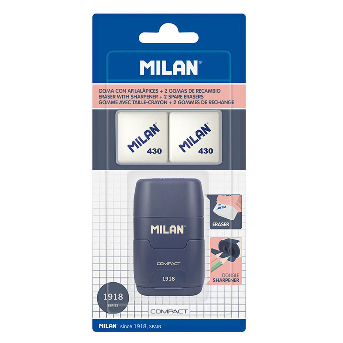 Eraser and Pencil Sharpener Set Milan Afilaborra Compact Serie 1918 Double Blue-0