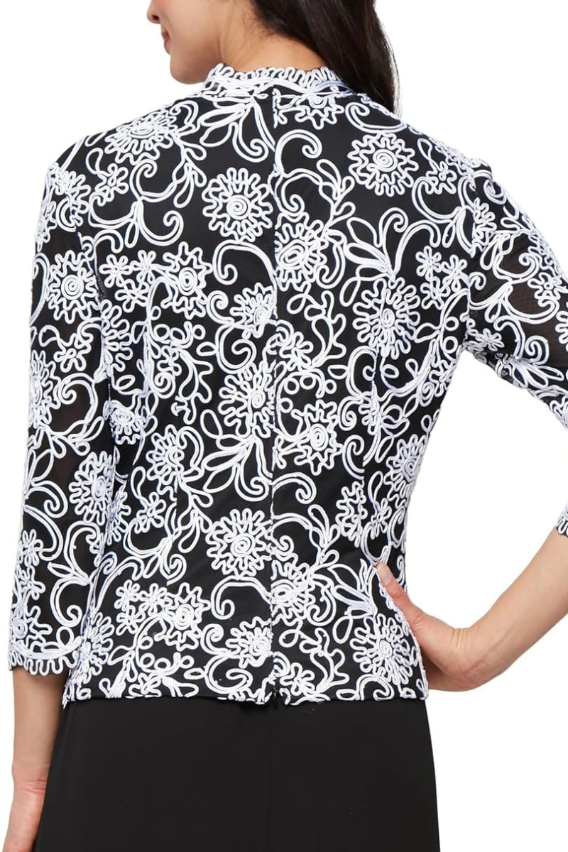 Alex Evenings Floral Embroidered Scallop Detail V-Neckline Sheer Mesh Illusion Quarter Sleeves Blouse Dress-1