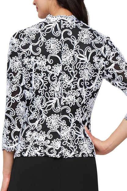 Alex Evenings Floral Embroidered Scallop Detail V-Neckline Sheer Mesh Illusion Quarter Sleeves Blouse Dress-1