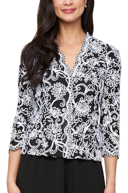 Alex Evenings Floral Embroidered Scallop Detail V-Neckline Sheer Mesh Illusion Quarter Sleeves Blouse Dress-0