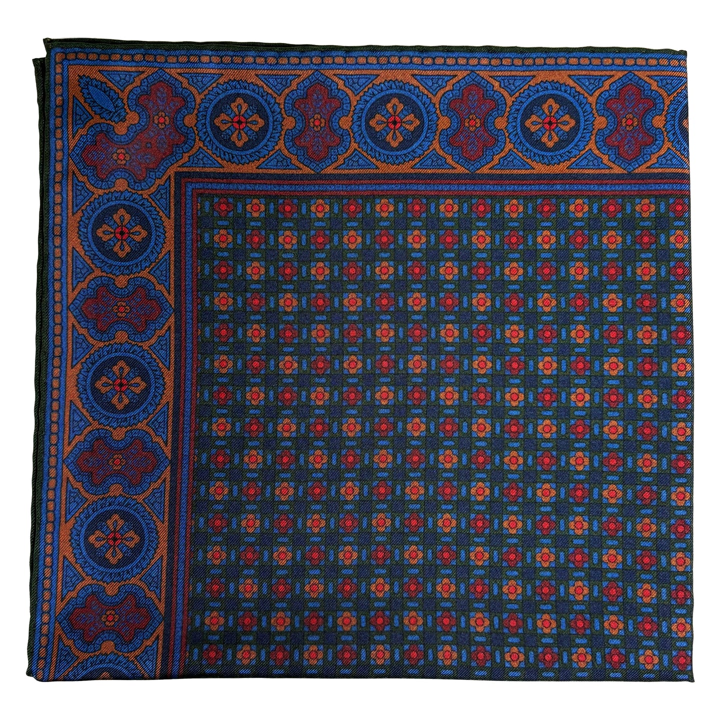 Forest Green & Bronze Small Geometric Ancient Madder Silk Pocket Square-0