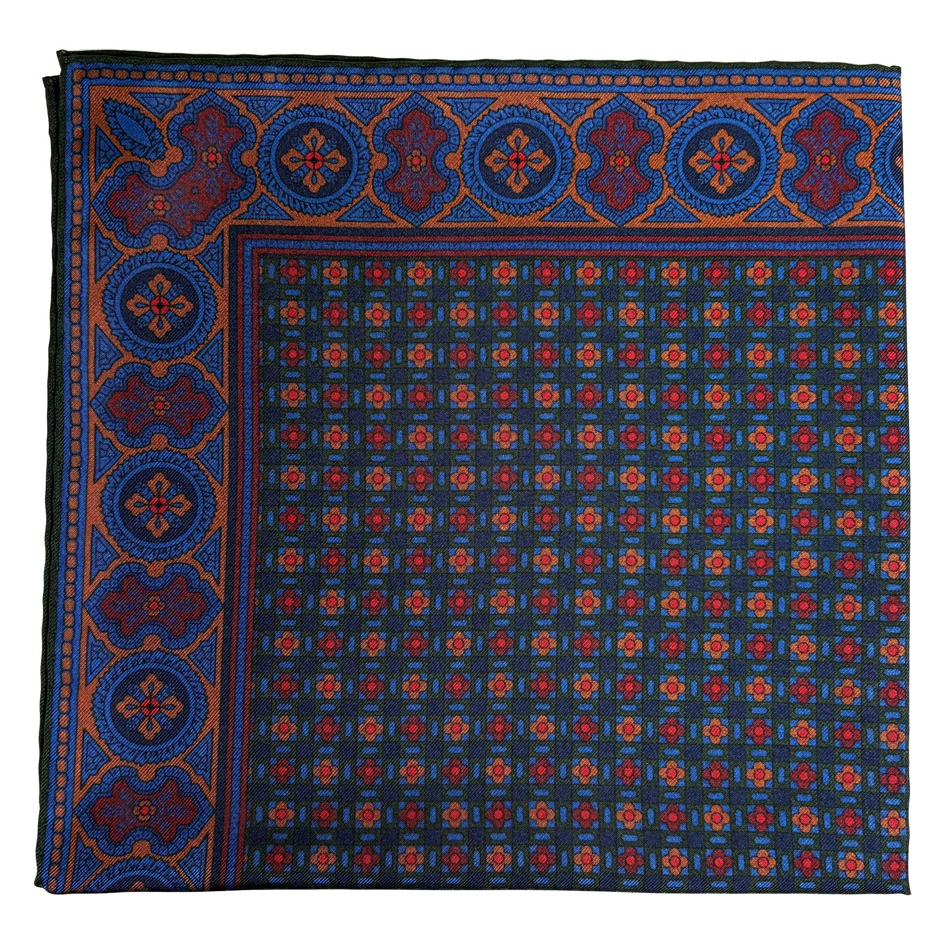 Forest Green & Bronze Small Geometric Ancient Madder Silk Pocket Square-0