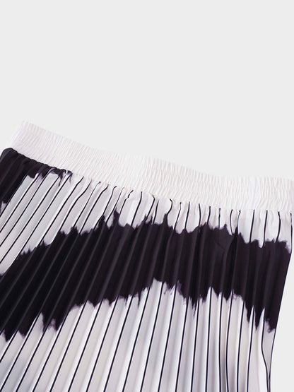 Elastic Waist Printed Pleated Skirt-Black White Ombre-2
