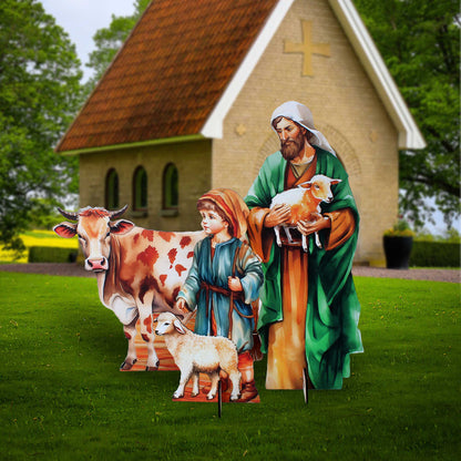 Life-Size Shepherds with Ox Outdoor - 3-Piece Set – Handcrafted Christmas Yard Display by G. DeBrekht - Nativity Holiday Decor - 8621038-3F-S3-XXLG-0