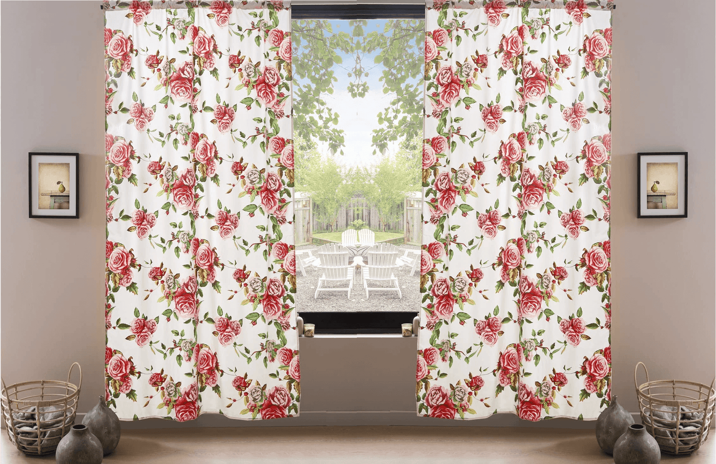 DaDa Bedding Set of 2-Pieces Romantic Roses Pink Floral Sheer Window Panel Curtains (JHW-879)-0