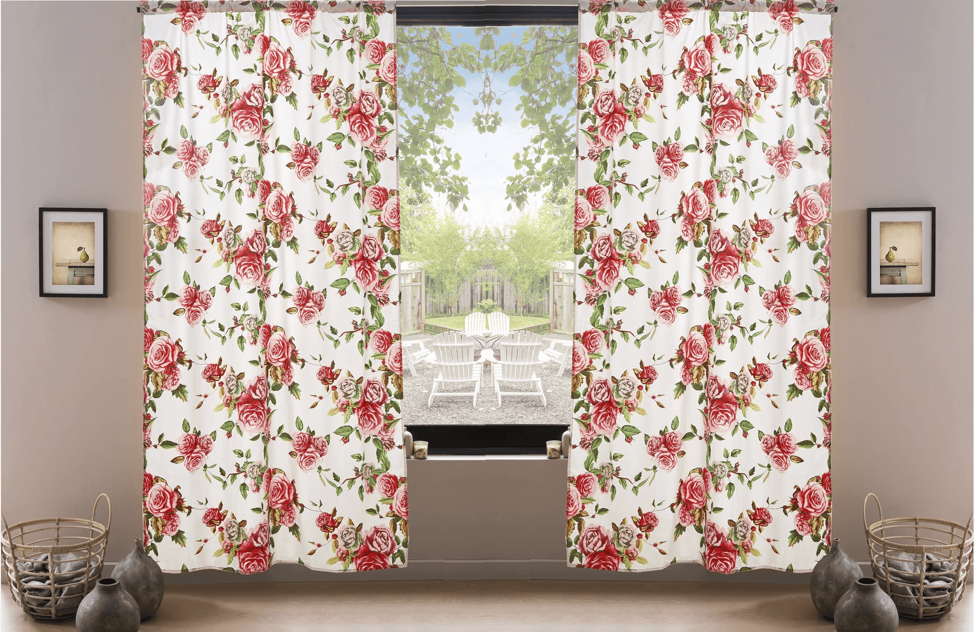 DaDa Bedding Set of 2-Pieces Romantic Roses Pink Floral Sheer Window Panel Curtains (JHW-879)-0