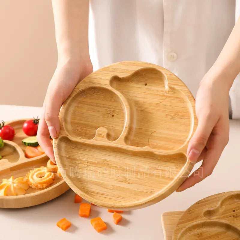 Children's Suction Bamboo Divided Plate with Spoon & Fork