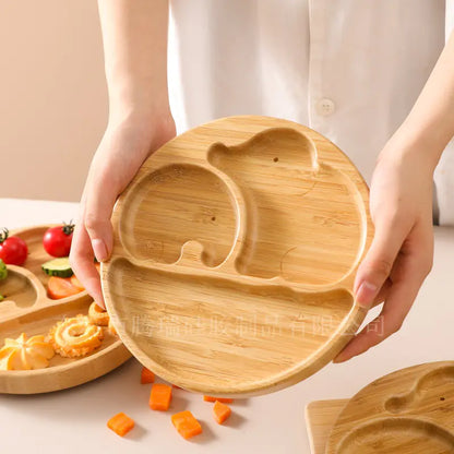 Children's Suction Bamboo Divided Plate with Spoon & Fork