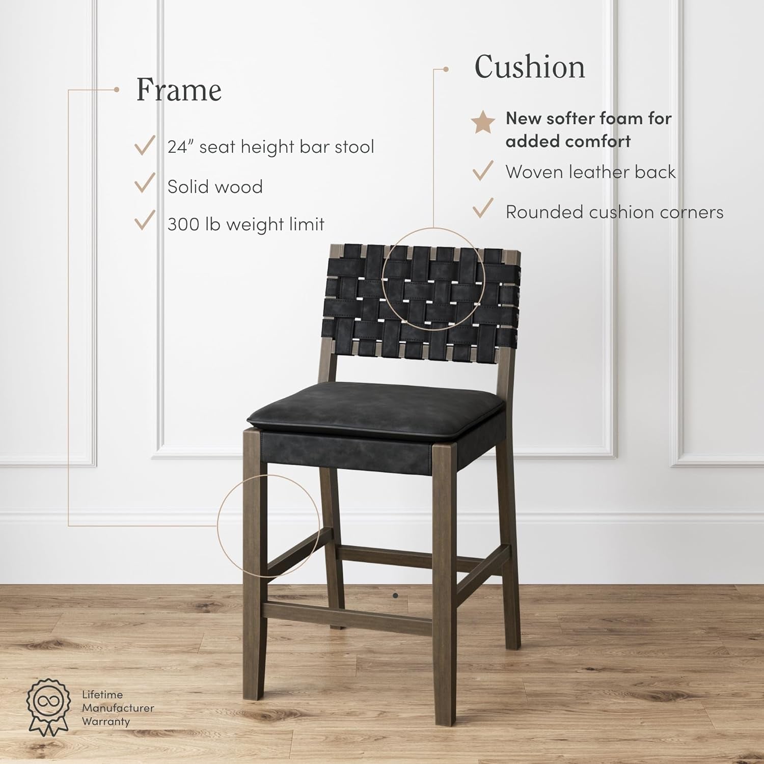 Cohen Mid-Century Modern Leather Bar Stool, Counter Height Chair in Solid Wood Frame with Footrest and Woven Leather Back for Kitchen, Black-3