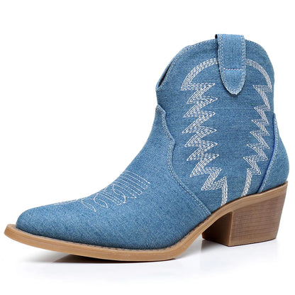GLOBALWIN Womens Denim Boots Cowboy Blue Cowgirl Ankle Boots For Women Size 10M
