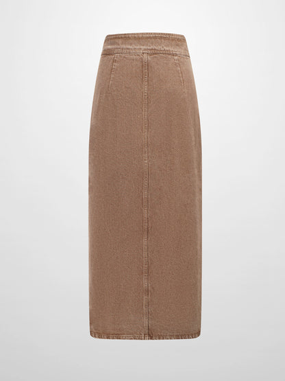 Button Down Denim Skirt-Brown-1