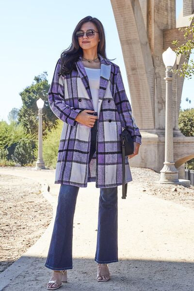 Double Take Full Size Plaid Button Up Lapel Collar Coat-11