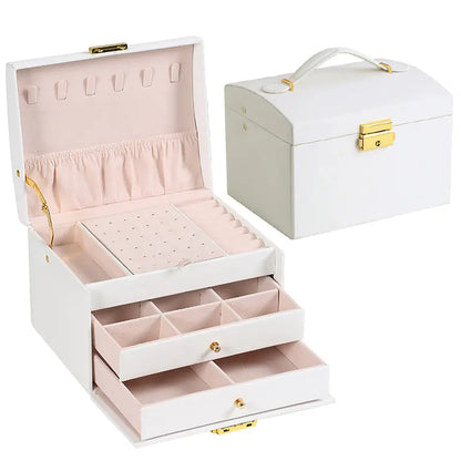 Minimalist 3-Tier Leather Jewelry Box with Lock