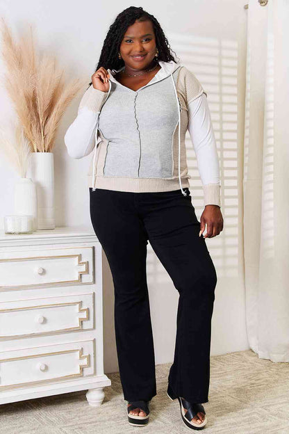 Double Take Color Block Exposed Seam Drawstring Hoodie-3