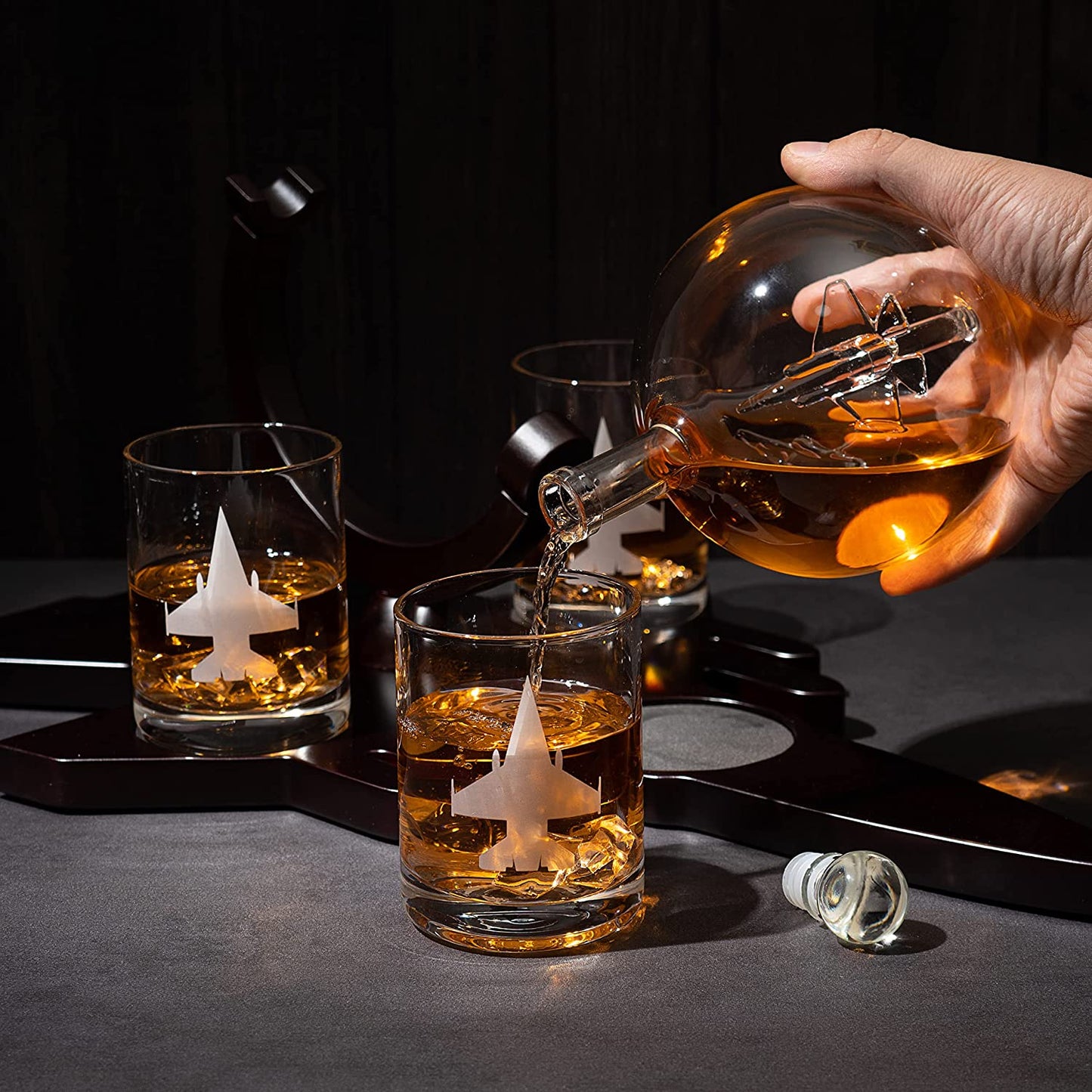 Fighter Jet Wine & Whiskey Decanter Set F16, F15, F18, F22 with 3 Glasses by The Wine Savant - Bourbon, Scotch, Vodka, Pilot, Aviation Gifts, Airplane Figurine, Military Veteran Gifts, Airplane Gifts-1